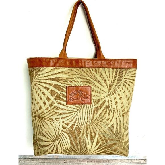 XL RAINIER CLUB BEIGE TAPESTRY BROWN GENUINE LEATHER HANDBAG TOTE SHOULDER BAG - Picture 1 of 11